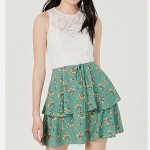 Teeze Me Junior Womens 3/4 Green Ivory Lace Floral Print Fit Flare Dress NWT